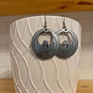Vintage winged Egyptian goddess pewter unique eclectic dangle earrings